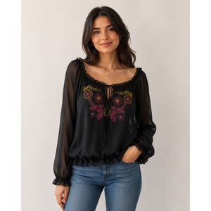 Gemstone Black Boho Embroidered Peasant Top Sheer Medium